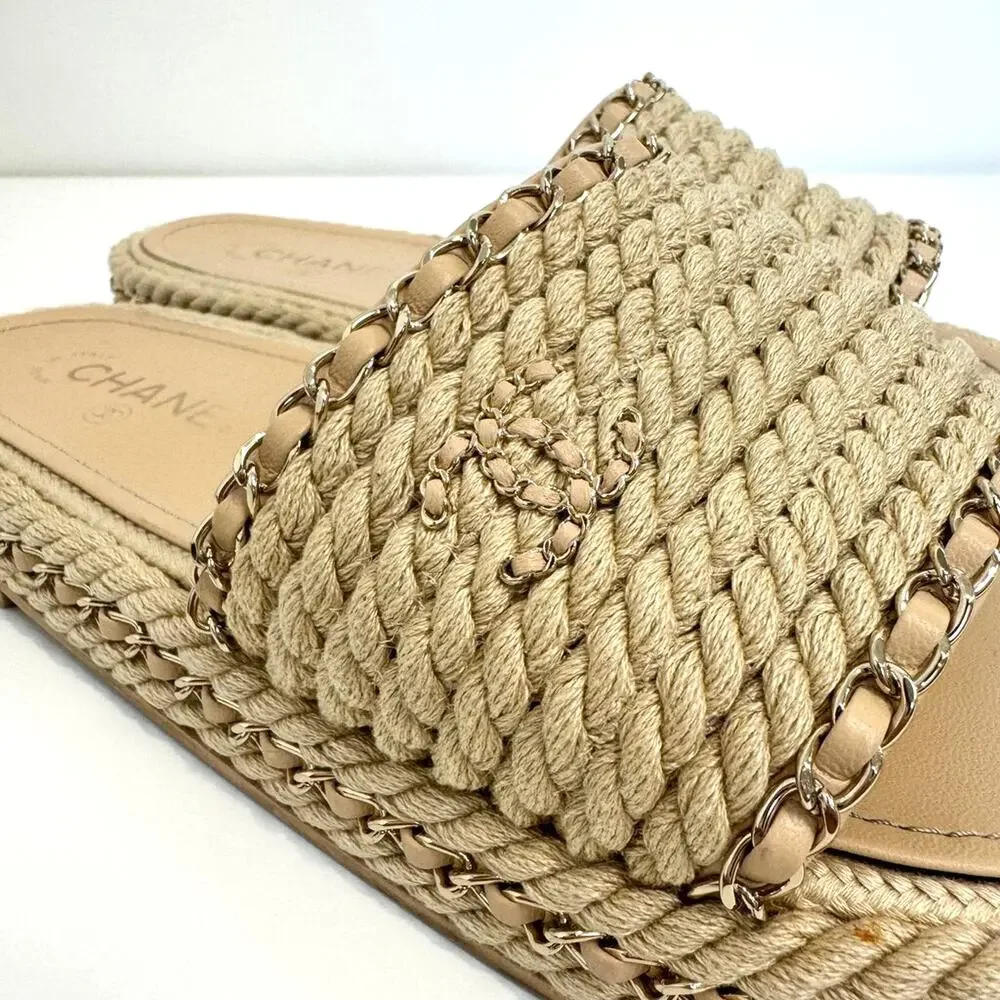 CHANEL Braided Rope Slide Sandals Gold 19 Metal Leather Chain Accents 40 Shoes
